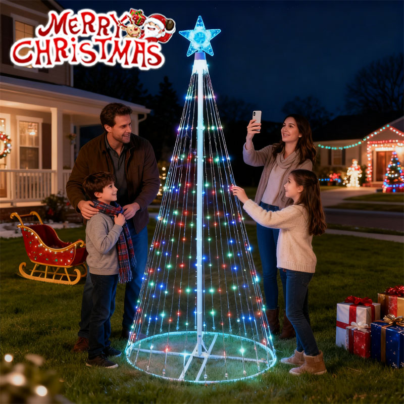 Outdoor Lighting Tree - Solarbetriebene LED-Wasserfall-Lichterkette, Weihnachtsbaumspitze, fünfzackiger Stern, Wasserfall-Design,