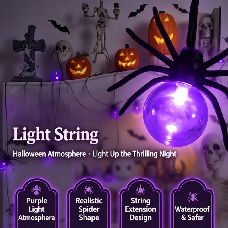 Outdoor Lighting Yard Decoration - Batteriebetriebene Spinnen-LED-Lichterkette, Halloween-Außendekoration für Garten und